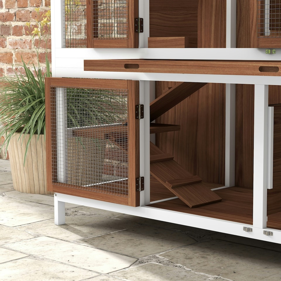 image 1 of PawHut Rabbit Hutch, Guinea Pig Hutch 2-Tier Wooden Cage w/ Ramp Roof, Brown