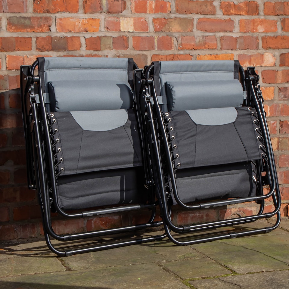 image 1 of Set of 2 Luxury Padded Multi Position Zero Gravity Garden Relaxer Chair Lounger in Grey & Black
