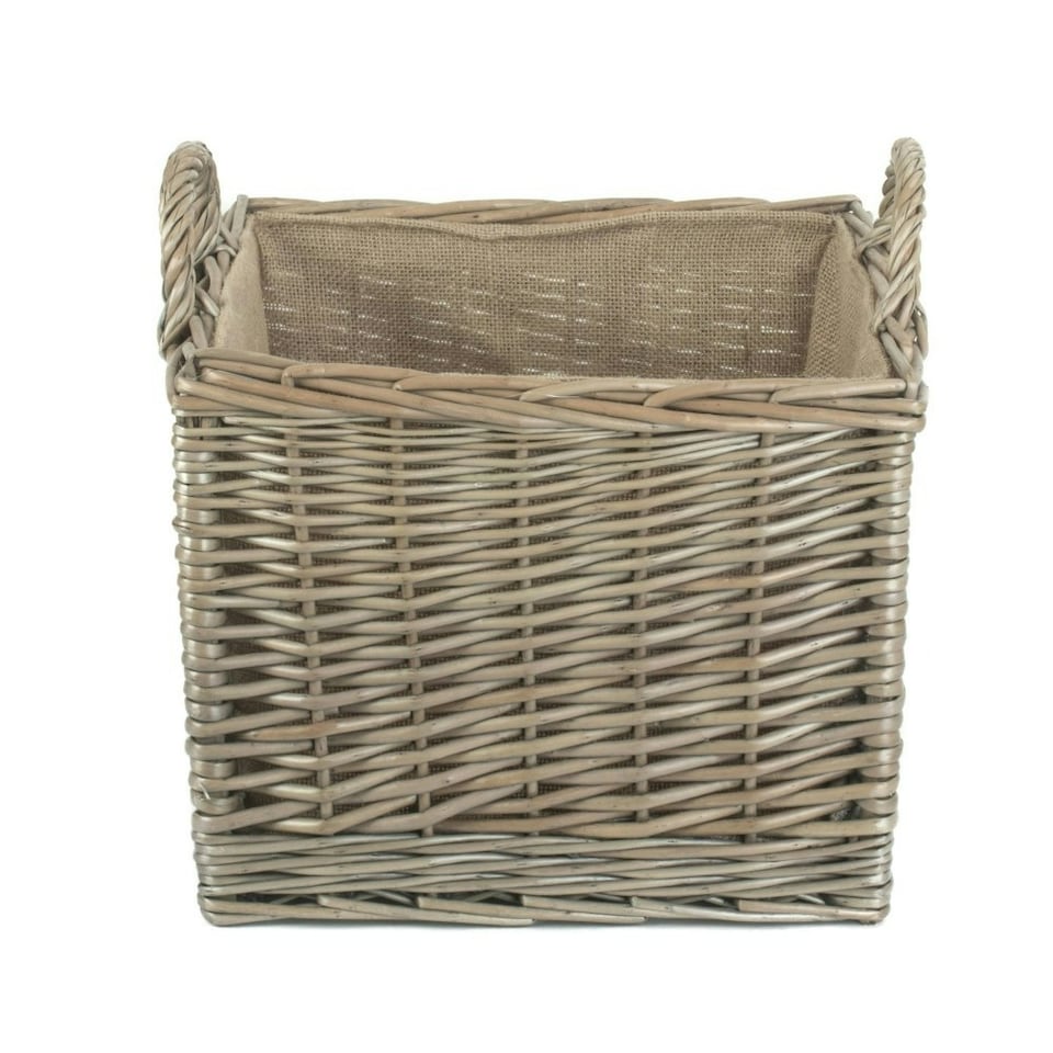 image 1 of Small Antique Wash Square Hessian Lined Log Basket Brown
