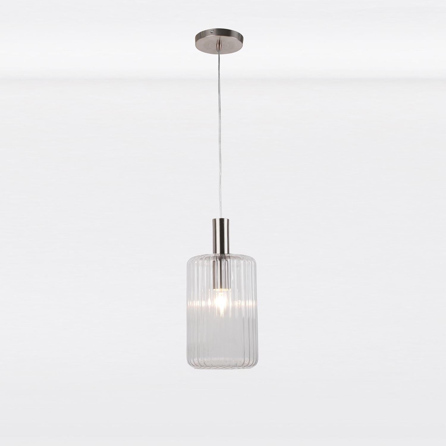 First Choice Lighting Clear & Brushed Chrome Fluted Glass Design Pendant Fitting in Silver