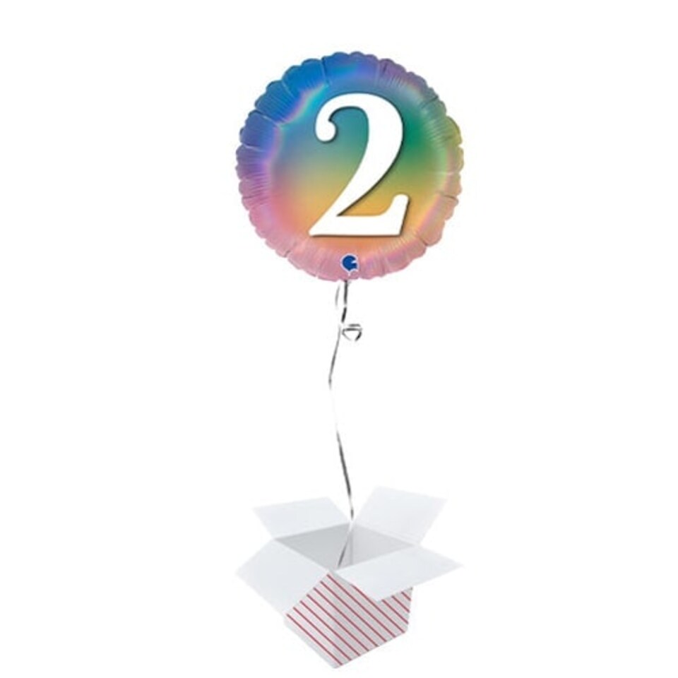 Age 2 Colourful Rainbow Holographic Round Foil Helium Balloon - Inflated Balloon in a Box