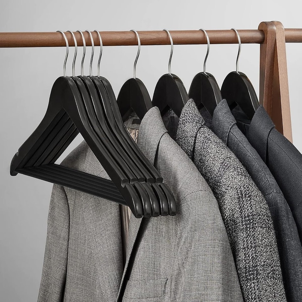 image 1 of Set of 20 Wooden Clothes Hangers with Non-Slip Trouser Bar and Rotating Hooks, Black and Silver
