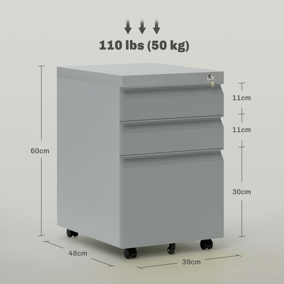 image 1 of Vinsetto 3 Drawer File Cabinet, Lockable Metal Filling Cabinet, Grey