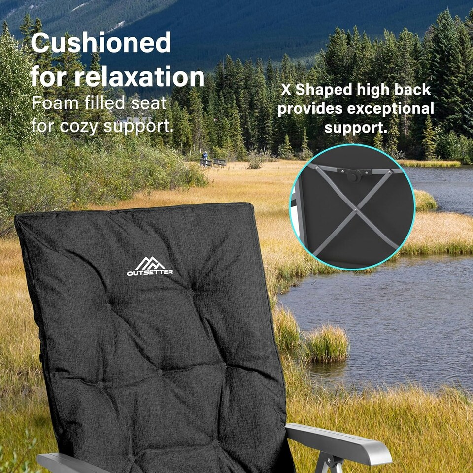 image 1 of Luxury Adjustable Camping Chairs Heavy Duty Outdoor High Back Padded Folding - 1 Black Chair Black