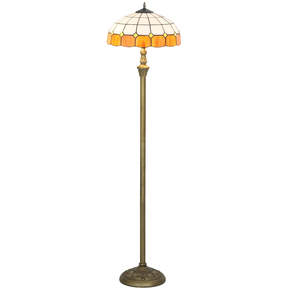 image 1 of HOMCOM Tiffany-Style Floor Lamp with Handcrafted Stained Glass Shade, 152cm Tall Vintage Standing Lamp with Foot Switch and Dual Sockets for Living Room Bedroom, Bronze Tone and Orange | Orange