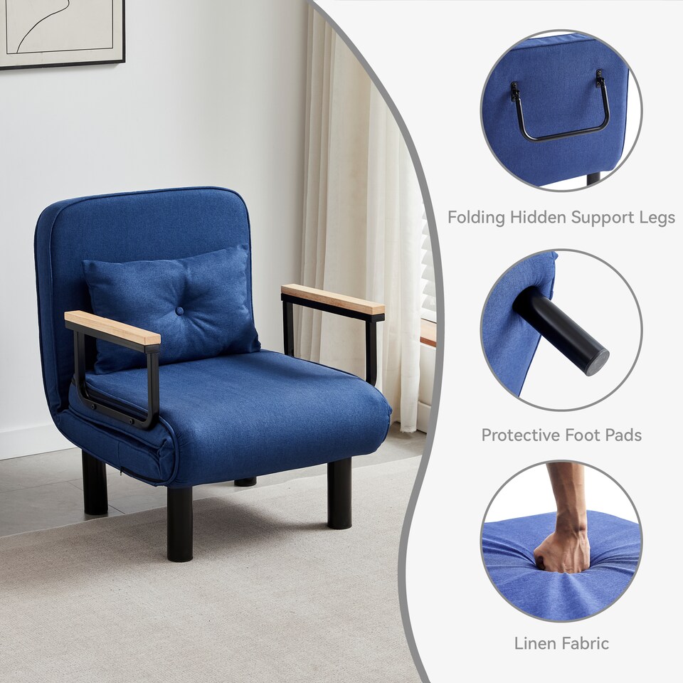 image 1 of 4 in 1 Folding Single Sofa Bed Convertible Lounge Sleeper Chair with Adjustable Backrest and Large Cushion Blue