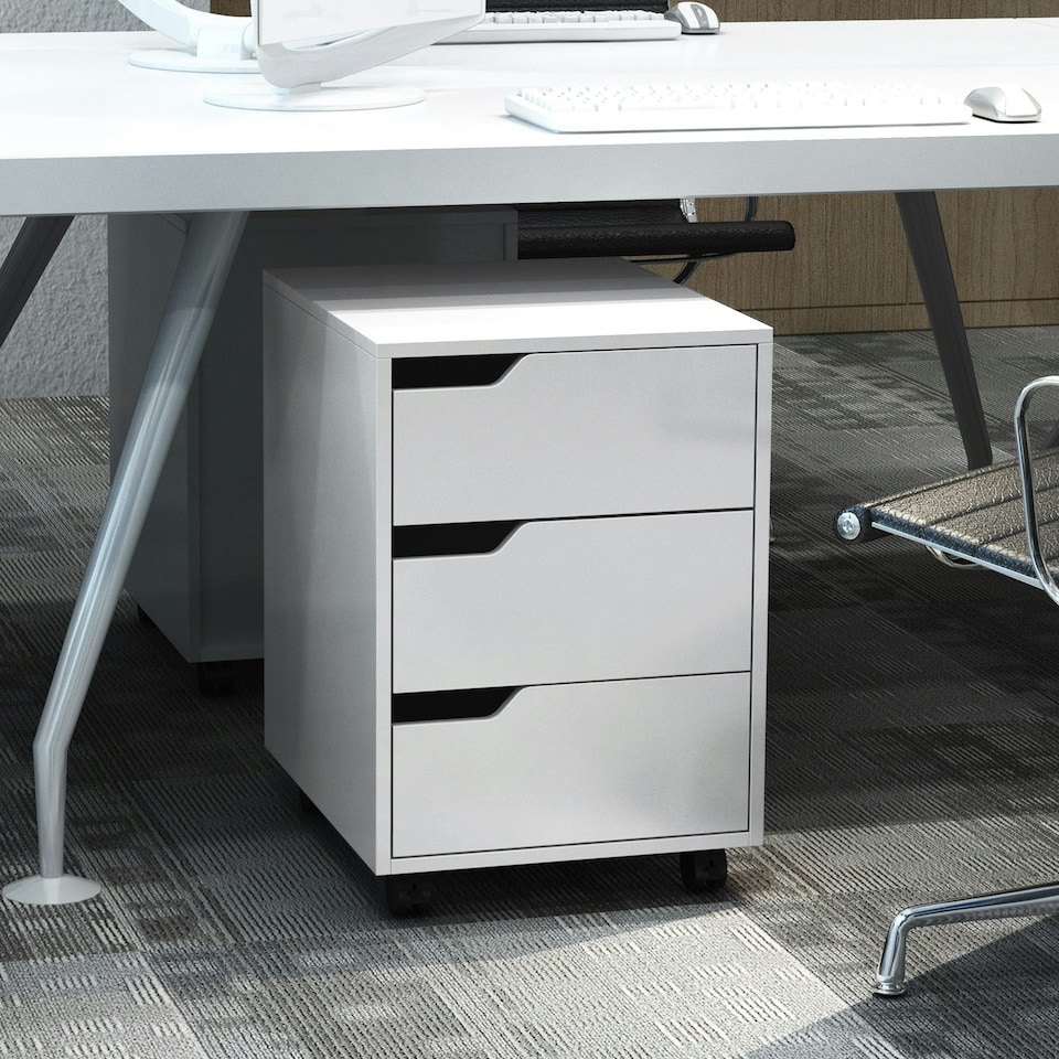 image 1 of MDF Mobile File Cabinet w/ 3 Drawers Locking Wheels Metal Rails Oak Tone White