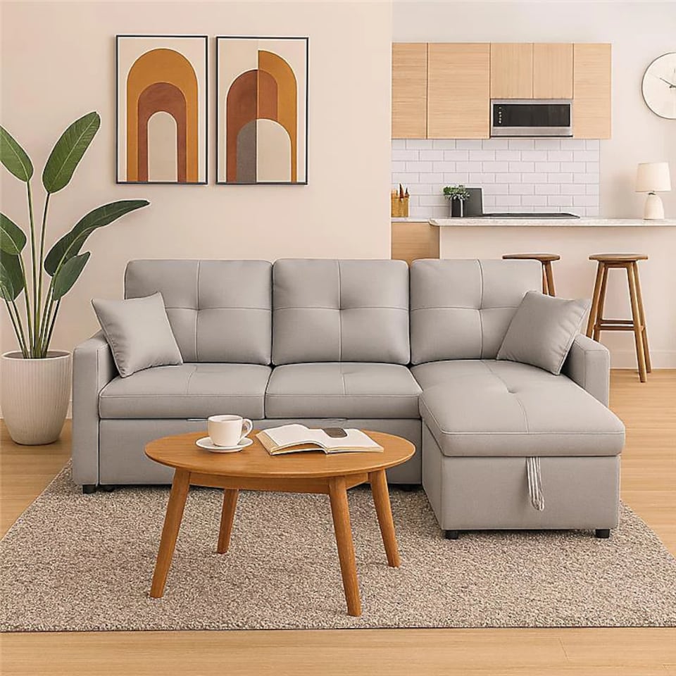 image 1 of Milano 3 Seater L Shape Pullout Sofa Bed with Deep Storage Compartment & Reversible Chaise | Grey | 1