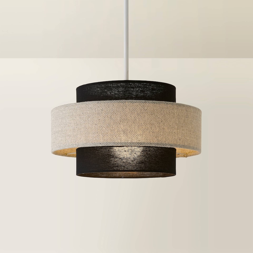 image 1 of ValueLights Weaver Pair Ceiling Pendant Light Shades Black and Grey Herringbone and Bulbs