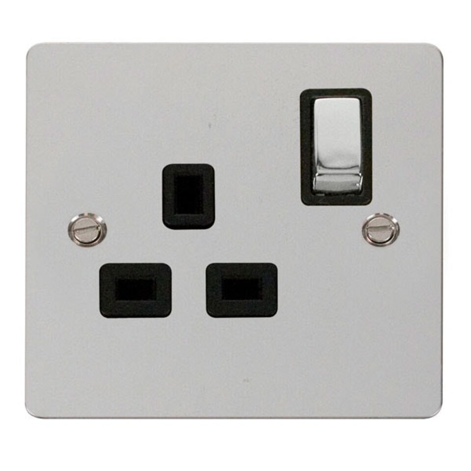 SE HOME Flat Plate Polished Chrome 1 Gang 13A DP Ingot Switched Plug Socket - Black Trim - SE Home Black | Polished Chrome