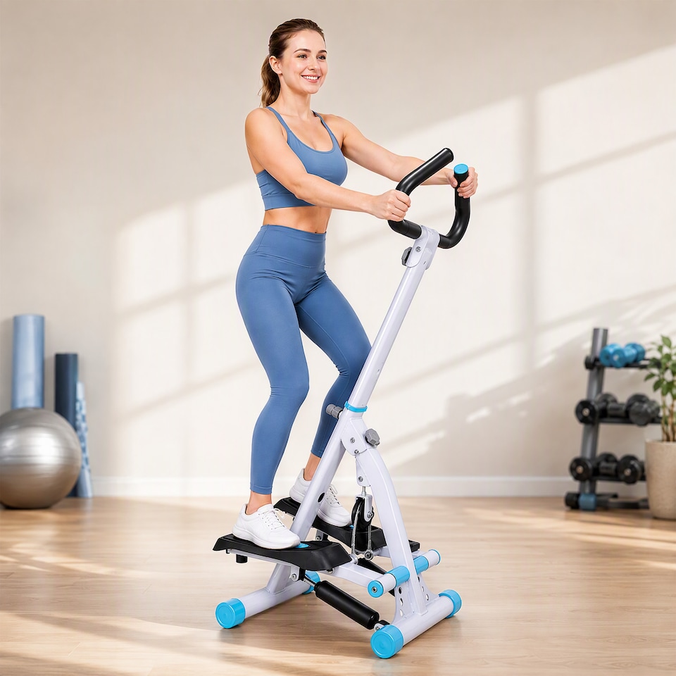 image 1 of HOMCOM Foldable Stepper Adjustable Step Machine w/ Handlebar LCD Display, White | White | White