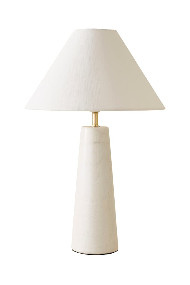 image 1 of ValueLights Margot White Marble Bedside Table Lamp Linen Taper Shade & Bulb | White