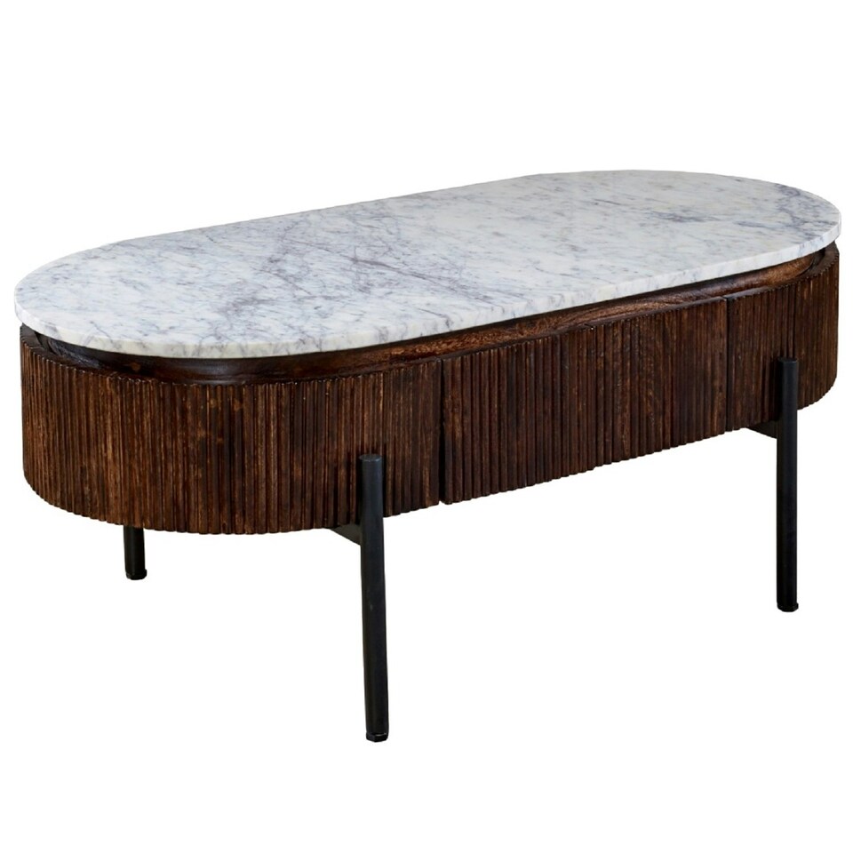 image 1 of Miel Mango Wood Rectangular Fluted Coffee Table With Marble Top and Metal Legs Brown
