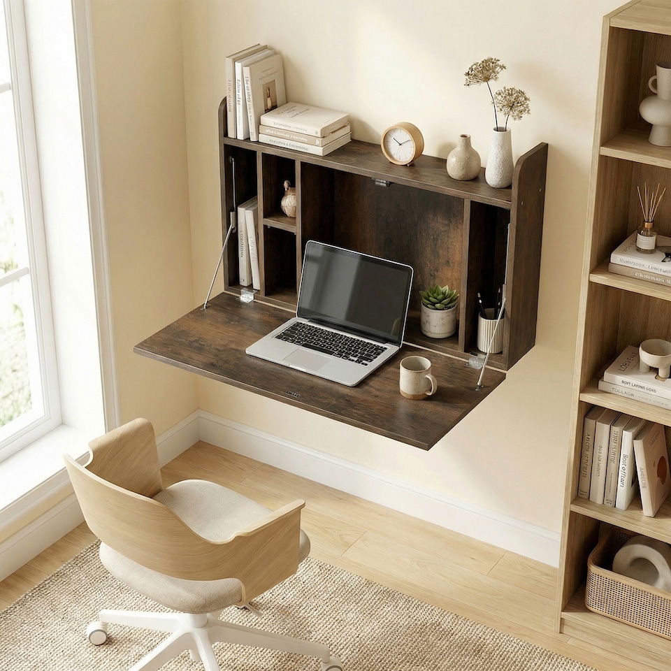 image 1 of HOMCOM Wall Mounted Table w/ Space Saving Storage Compartments
