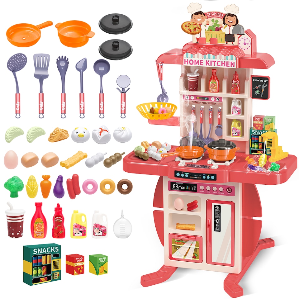 image 1 of Realistic Kitchen Play Set for Toddlers Steaming Spray Lights Cooking Sounds Pretend Role Play (Pink)