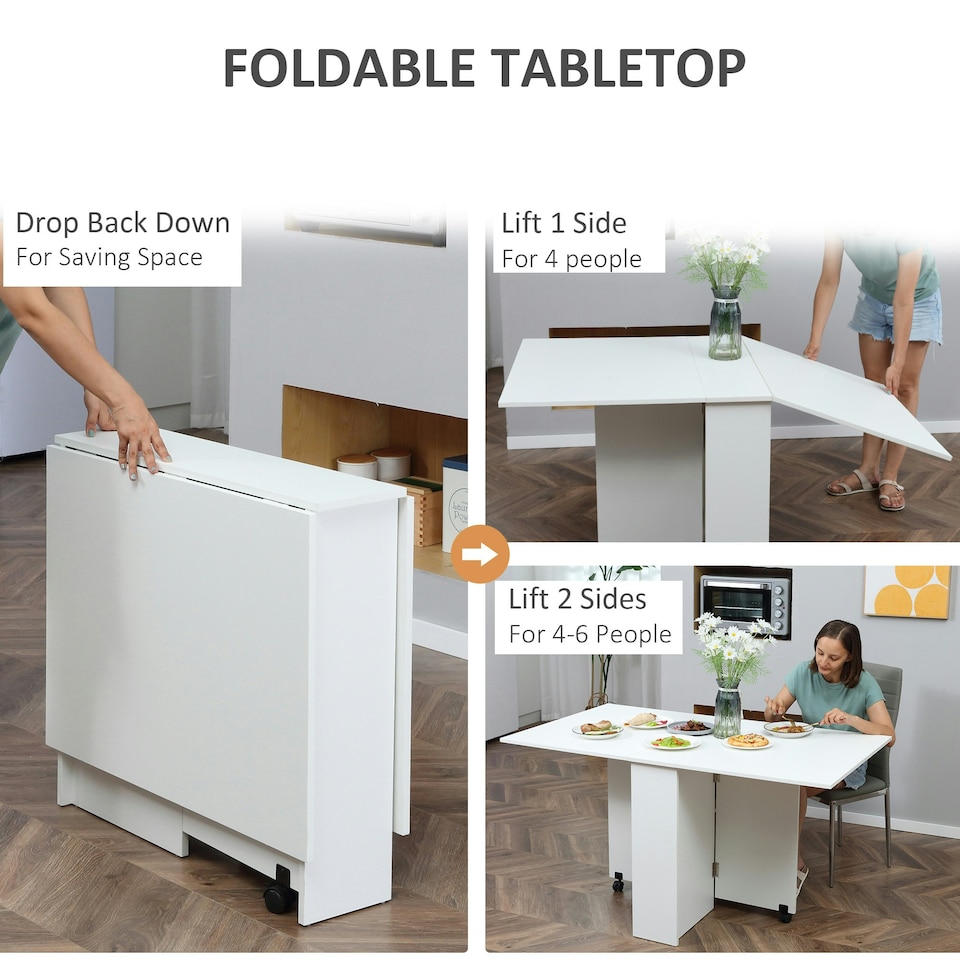 image 1 of HOMCOM Mobile Drop Leaf Dining Table Folding Desk w/ 2 Wheels White