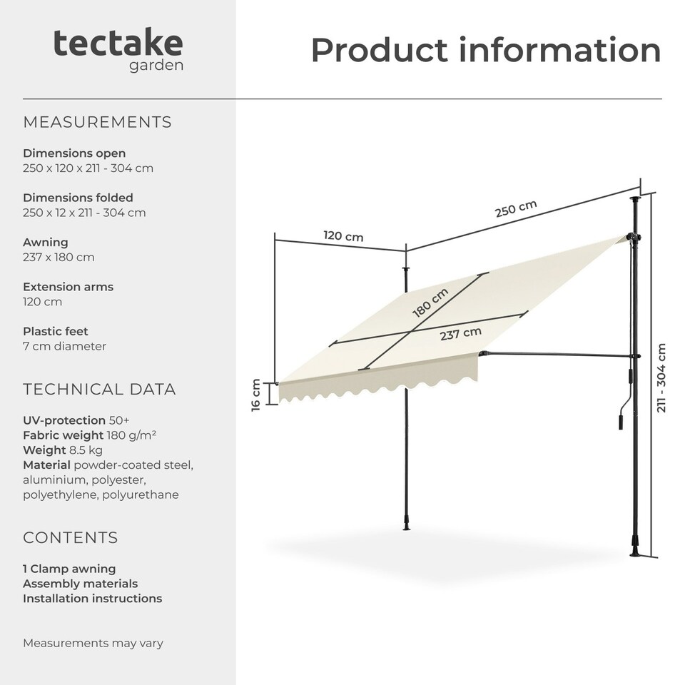 image 1 of Awning with hand crank - pressure fitted , height adjustable Cream | 180 x 250 cm
