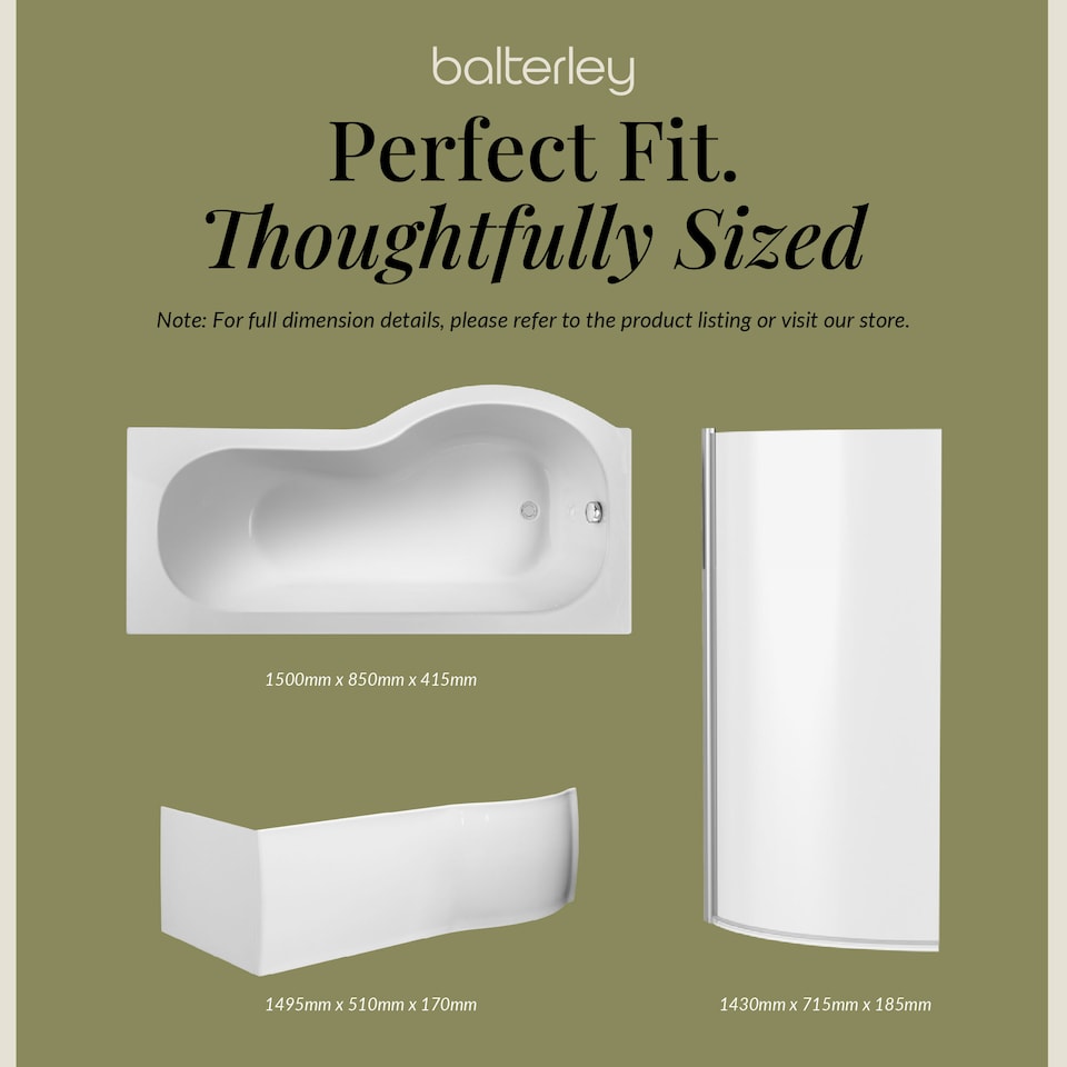 image 1 of 1500 mm Left Hand P Shape Square Shower Bath Screen Front Panel White | White | White | 1500 x 850 x 415mm