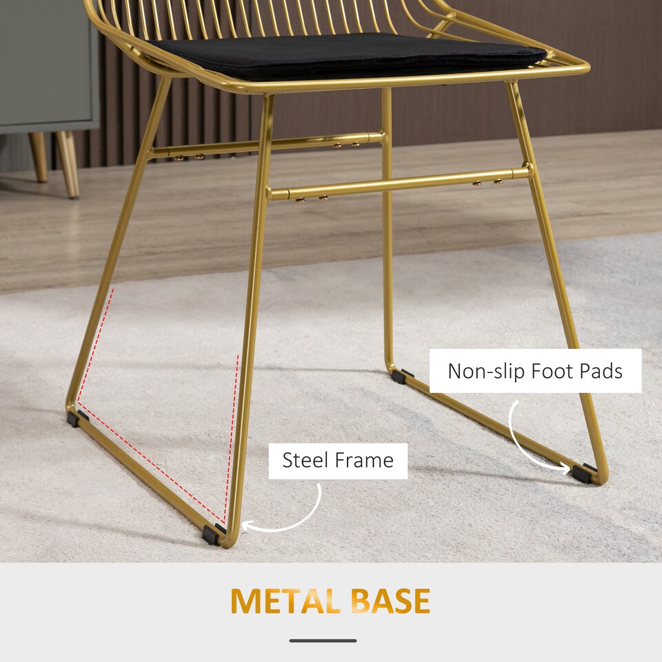 image 1 of HOMCOM Luxurious Dining Chairs Set of 2, Metal Wire Kitchen Chair with Removable Velvet-feel Cushion, Cut-out Back and Steel Frame for Dining Room, Gold Tone