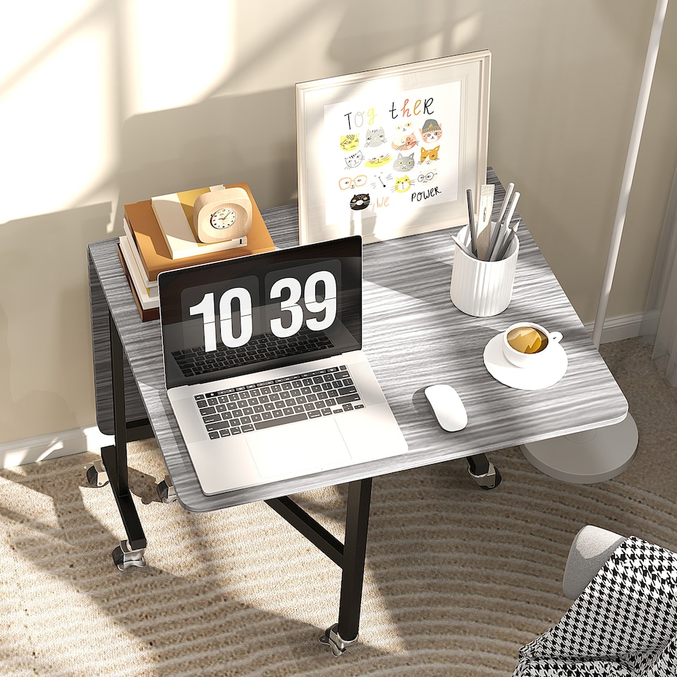 image 1 of HOMCOM Mobile Drop Leaf Table, Folding Dining Table with 6 Wheels & Brakes, Kitchen Table for Small Spaces, Grey | Grey