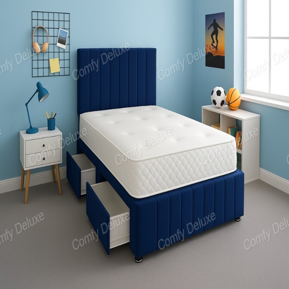 Blue Plush 4ft Small Double Divan Bed Set Headboard & Footboard - 2 Drawers Right Side Laying in Bed