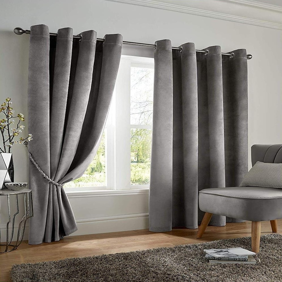 image 1 of Velvet Blackout Eyelet Curtains - Silver 167 cm x 229 cm