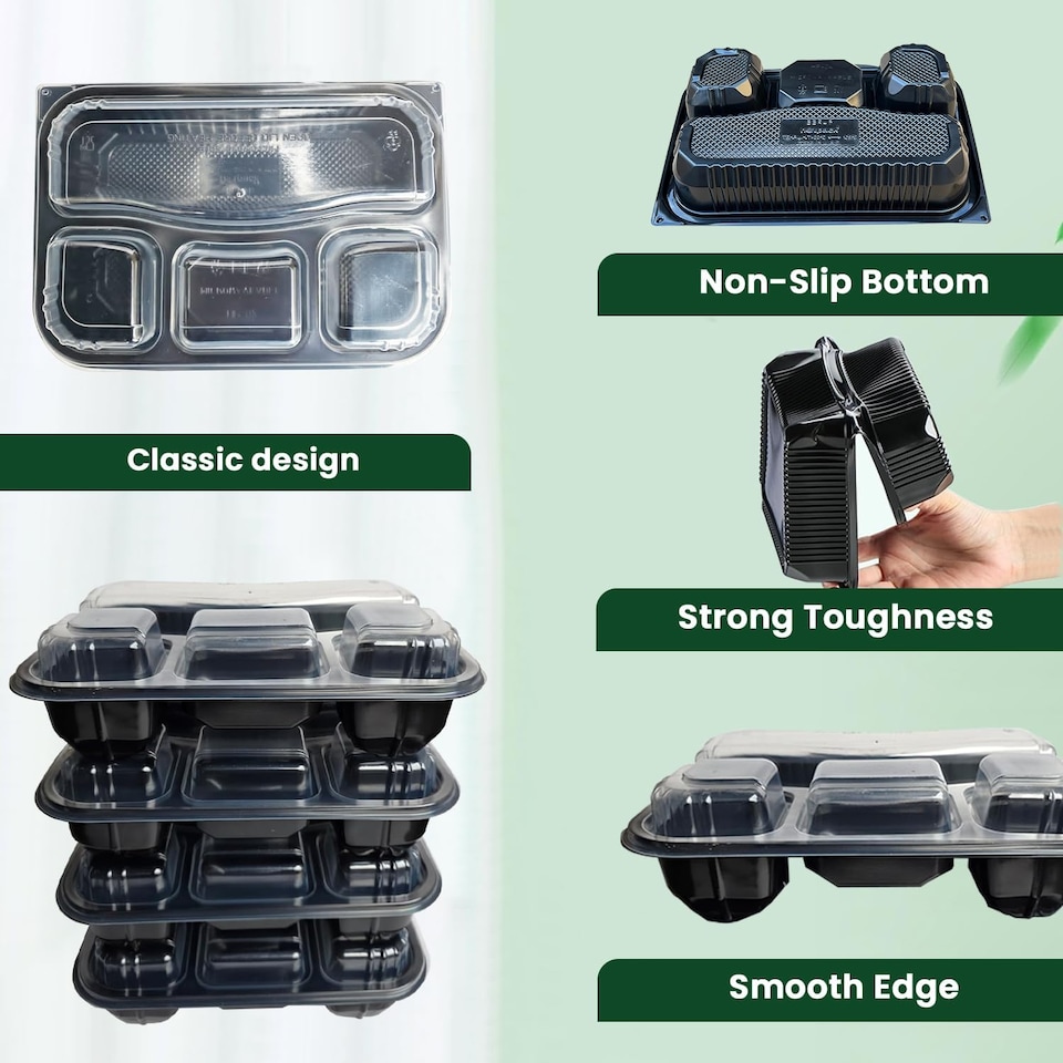 image 1 of Black 4 Compartment Meal Prep Containers With Lid Plastic Microwave Safe Food Storage Box 20pc