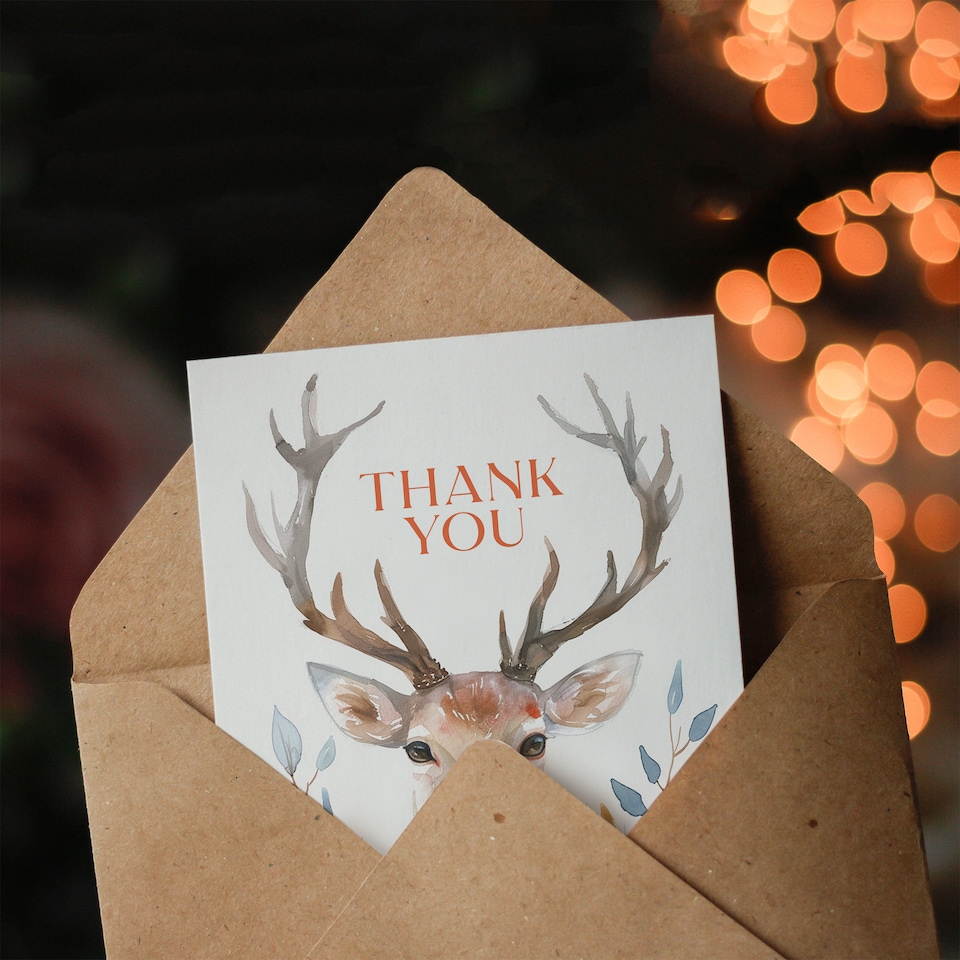 image 1 of Elegant Stag With Autumn Wild Flowers Watercolour Thank You Card