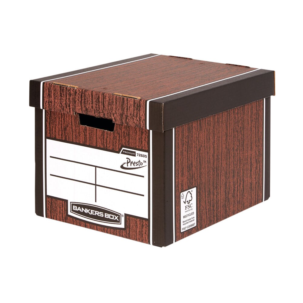 Bankers Box Premium Presto Tall Archive Storage Boxes with Lid Woodgrain Pack of 10