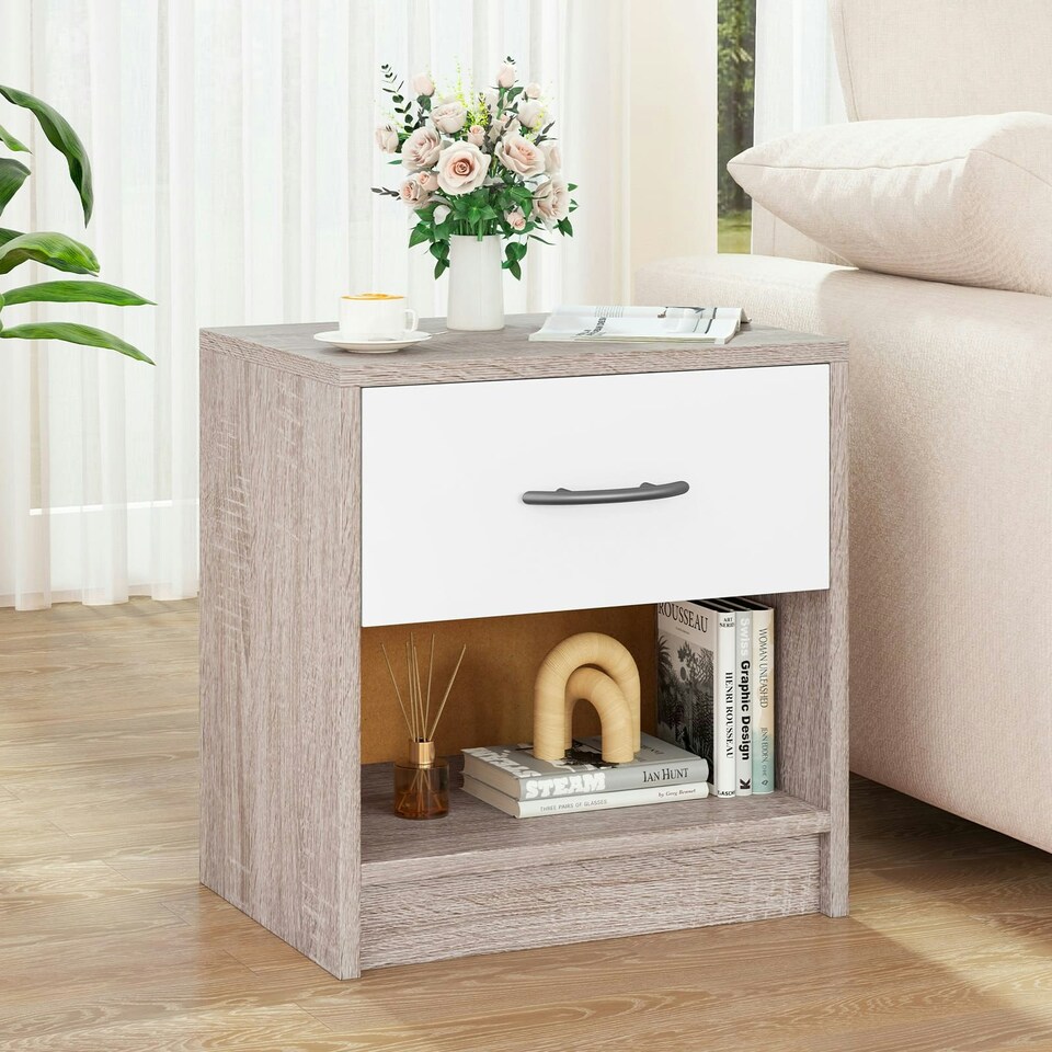 image 1 of COSTWAY Bedroom Nightstand 3-Tier Table w/Drawer Light Grey Grey