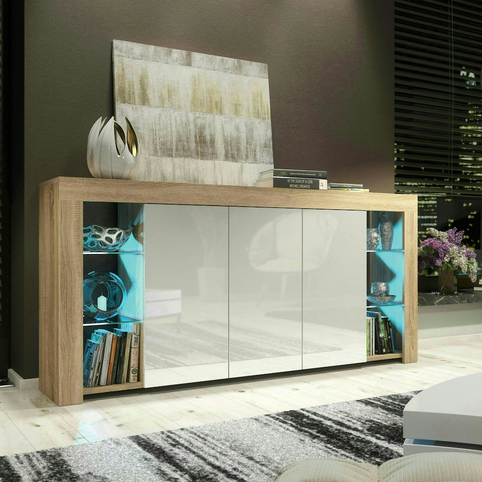 image 1 of Sideboard 164cm White Gloss Doors Oak Matt Body Free LED | Multi | Oak