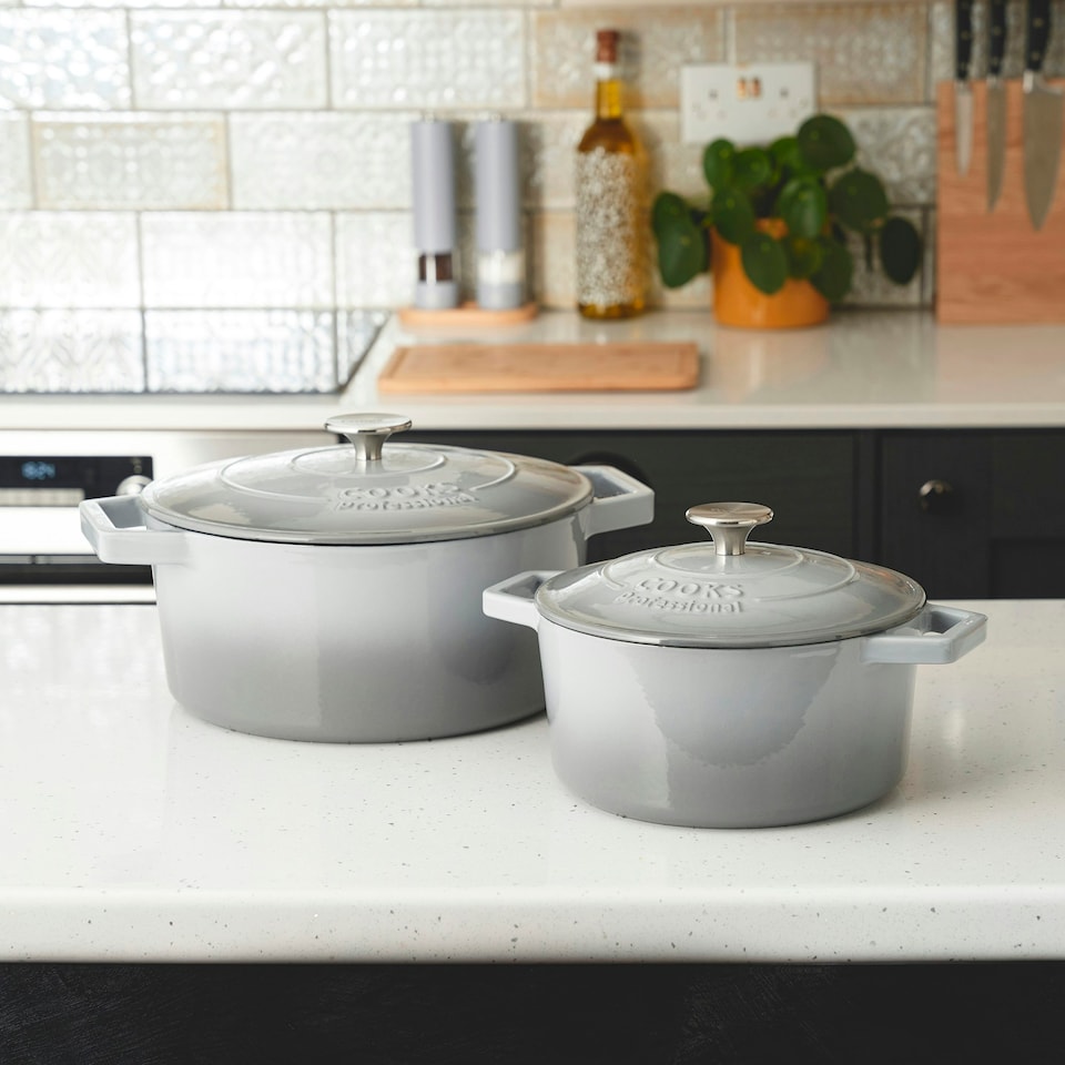 image 1 of Cooks Professional Cast Iron Casserole Set of 2 | 20cm and 26cm | Enamelled Inside and Out | Graduated Grey