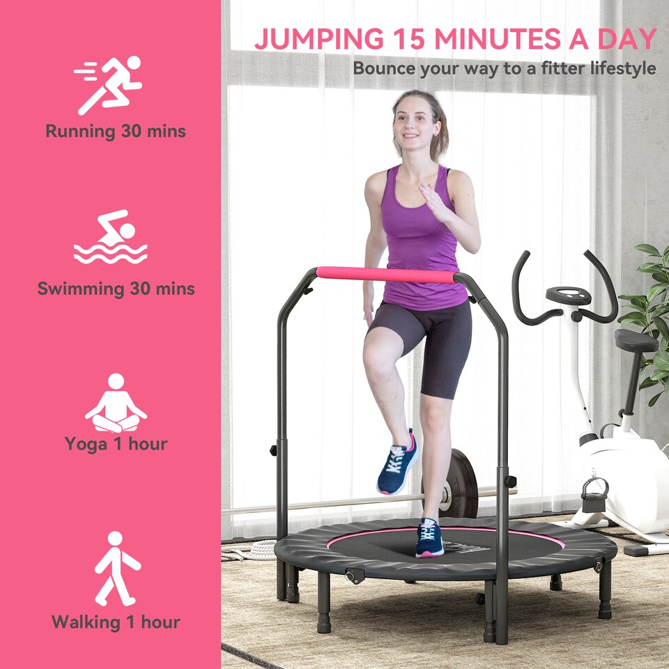image 1 of HOMCOM 48" Foldable Mini Fitness Rebounder Trampoline w/ Foam Handle, Pink