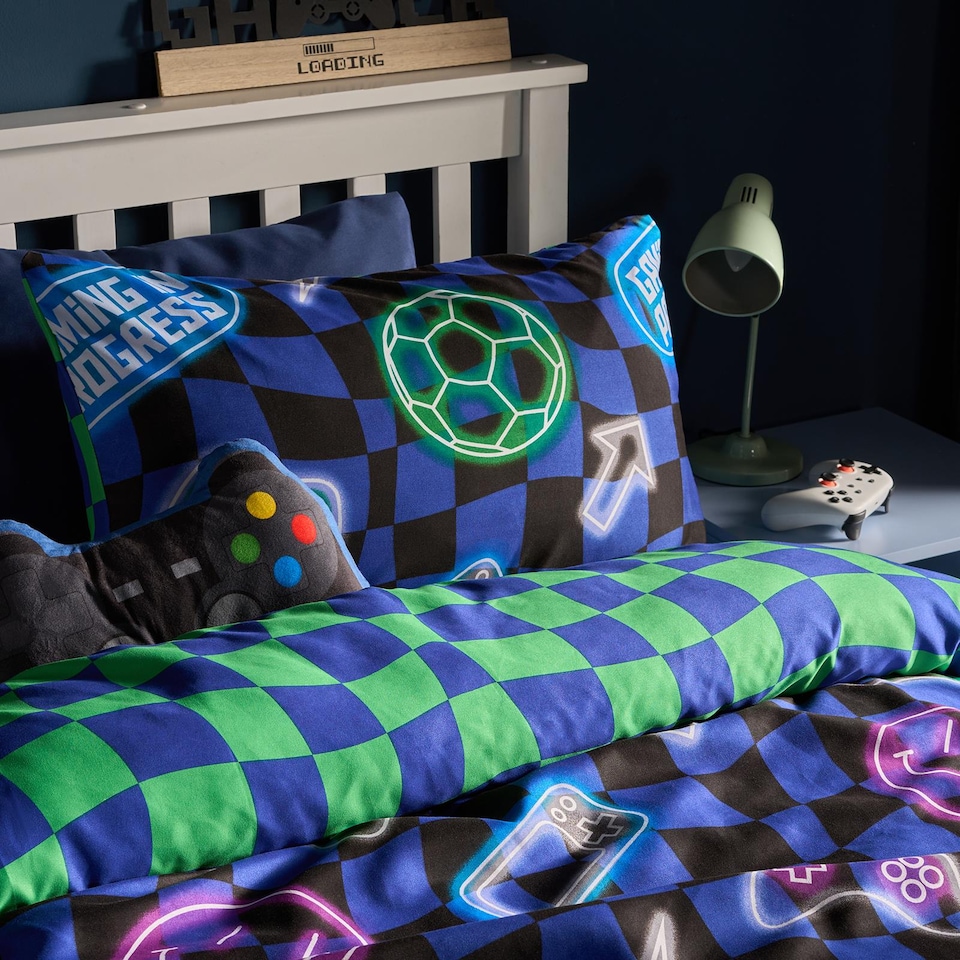 image 1 of OHS Kids Neon Checkerboard Bedding Set Duvet Cover with Pillowcase | Blue | Blue | Single