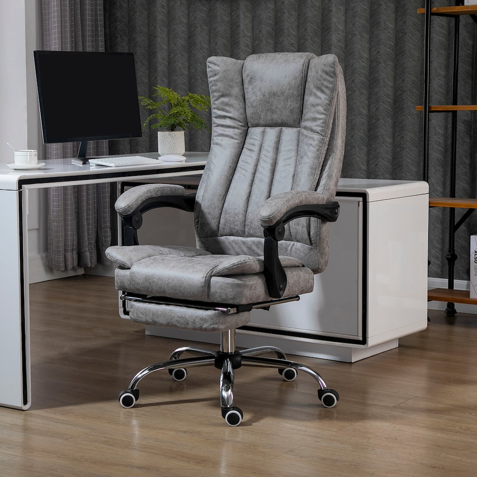 image 1 of Vinsetto Office Chair, Microfibre Reclining Computer Desk Chair with Footrest and Adjustable Height, Swivel Wheels for Home Office, Grey