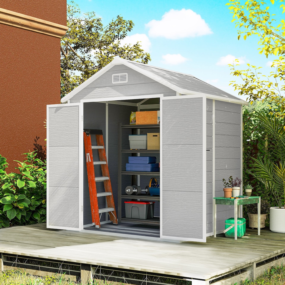 image 1 of Outsunny 6 x 5ft Garden Shed, Plastic Shed with Floor, Window, Lockable Doors and Vents, Wood Effect Resin Tool Shed for Outdoor Patio, Light Grey | Grey | 1
