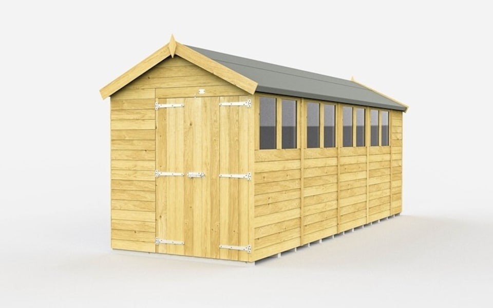 image 1 of 7 x 18 Feet Apex Shed - Double Door With Windows - Wood - L533 x W214 x H217 cm | Brown