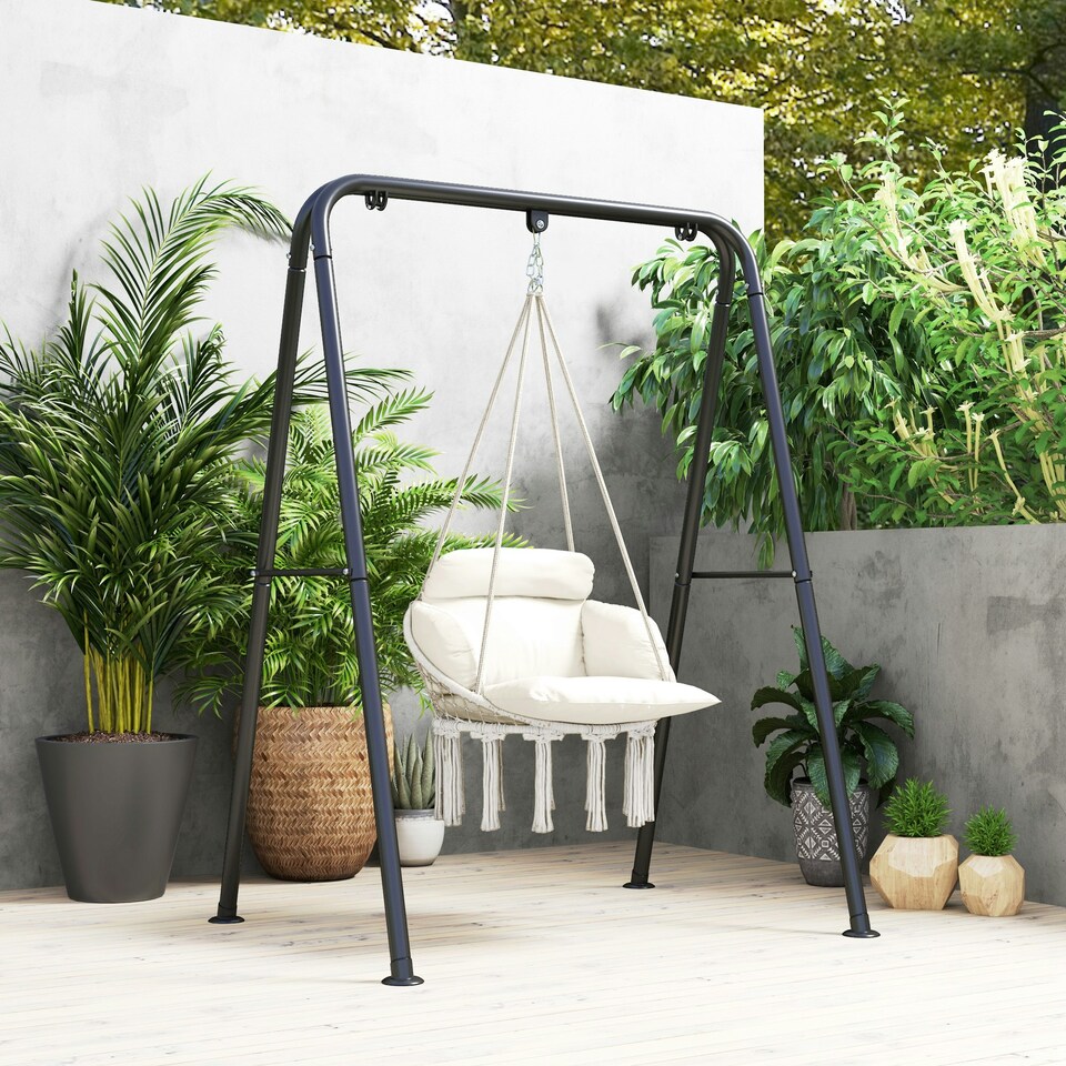 image 1 of Outsunny Hammock Chair, Boho Hanging Swing Chair with Cushion, Dark Grey
