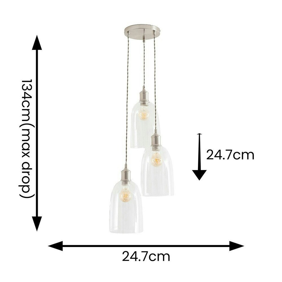 image 1 of ValueLights Kira Glass Dome 3 Drop Cluster Brushed Chrome Ceiling Pendant Light with Bulbs Silver