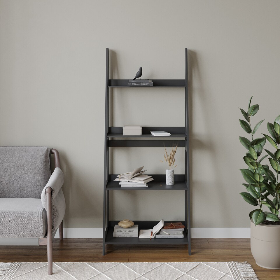 image 1 of 4-Tier Wooden Ladder Storage Shelving Unit | Black | 1