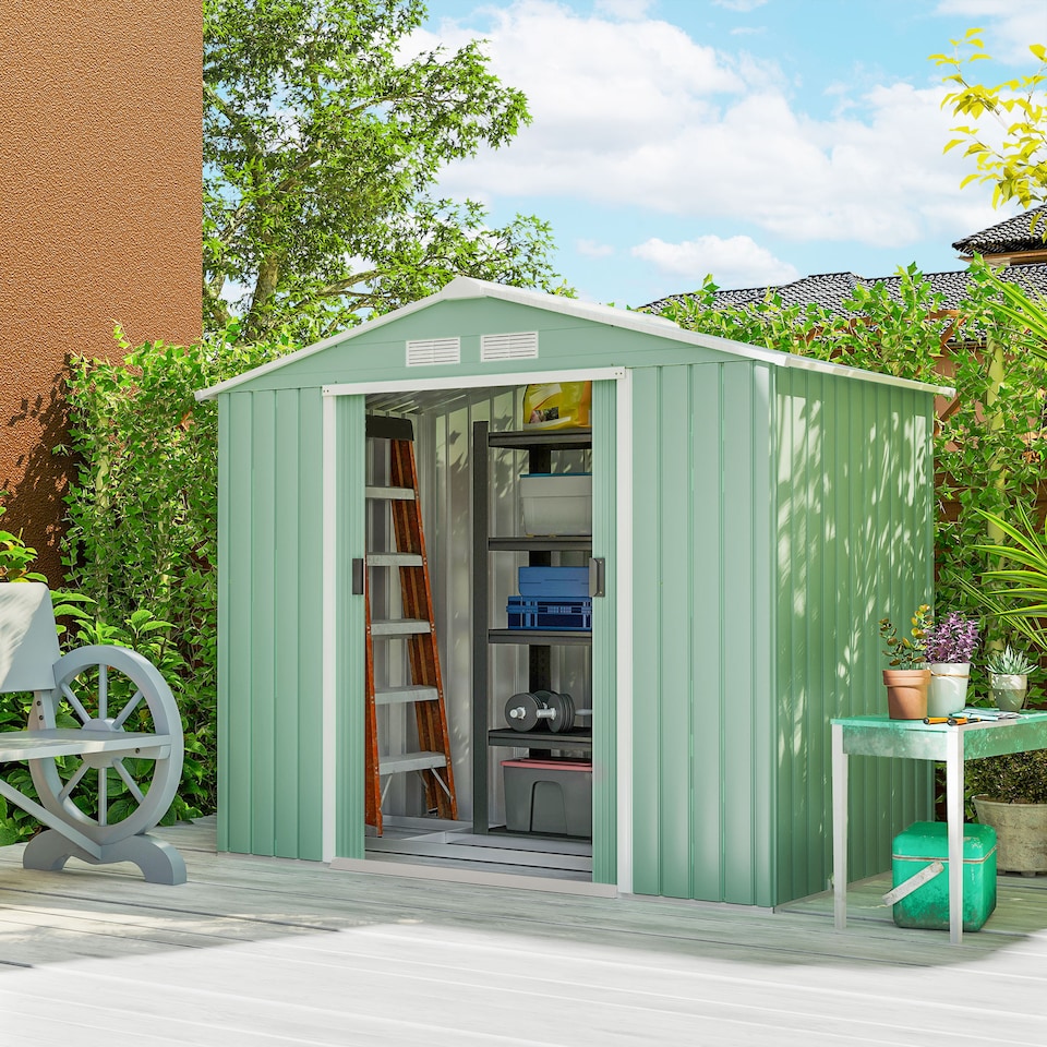 image 1 of Outsunny 7 x 4ft Metal Garden Shed, Outdoor Storage Tool House with Ventilation Slots, Foundation Kit and Lockable Double Doors, Light Green