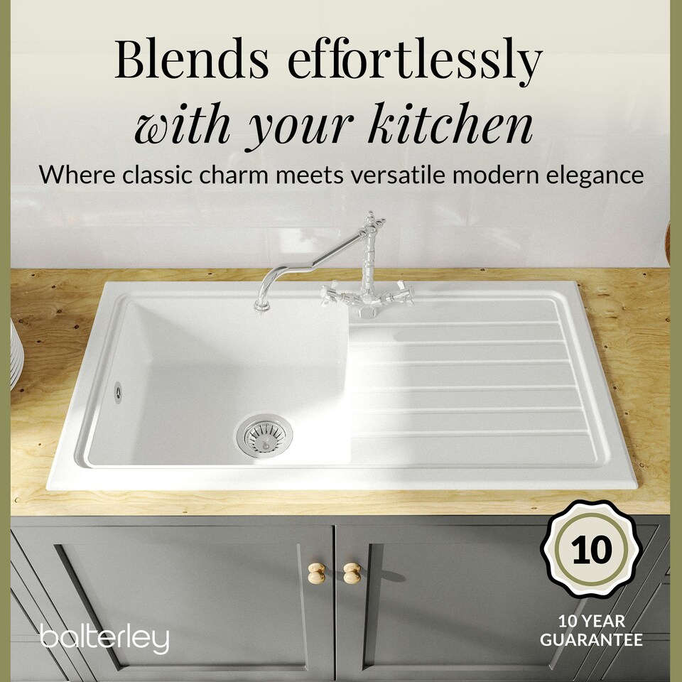 image 1 of Single Bowl Fireclay Inset Kitchen Sink & Drainer, Classic Tap & Wastes, 1010mm
