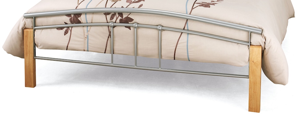 image 1 of 4ft6 Double Silver metal tubular bed frame, beech wood finish corner posts.Strong sturdy frame bedstead base | Multi | Silver & Beech | Double