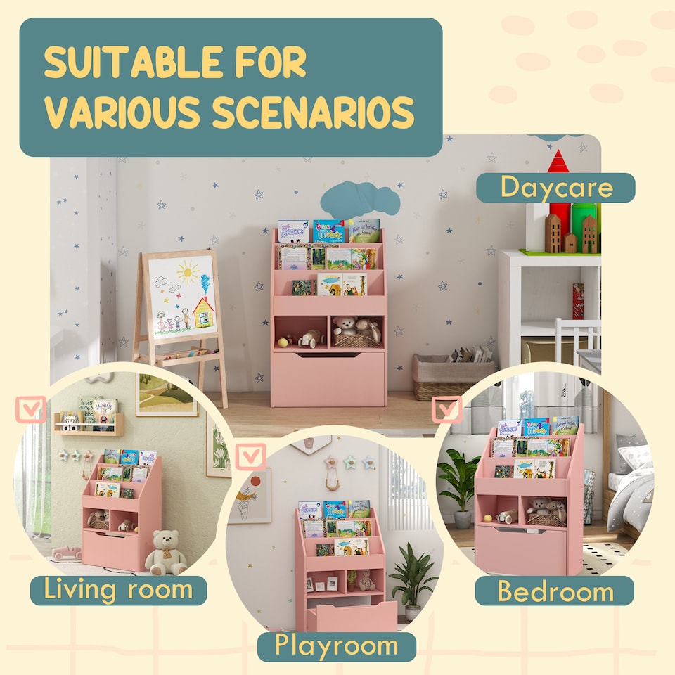 image 1 of HOMCOM Kids Bookshelf Bookcase with Storage Drawer with Wheels Toy Organiser | Pink
