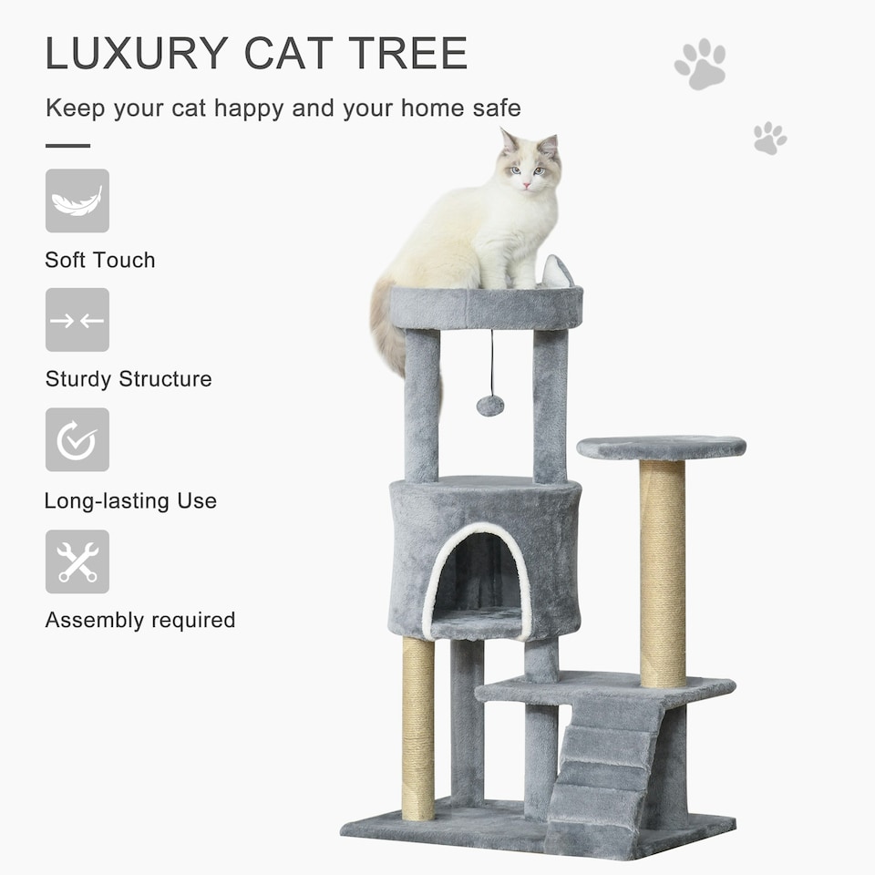 image 1 of PawHut 100cm Cat Condo Tree Tower with Scratching Post, Perch, Light Grey