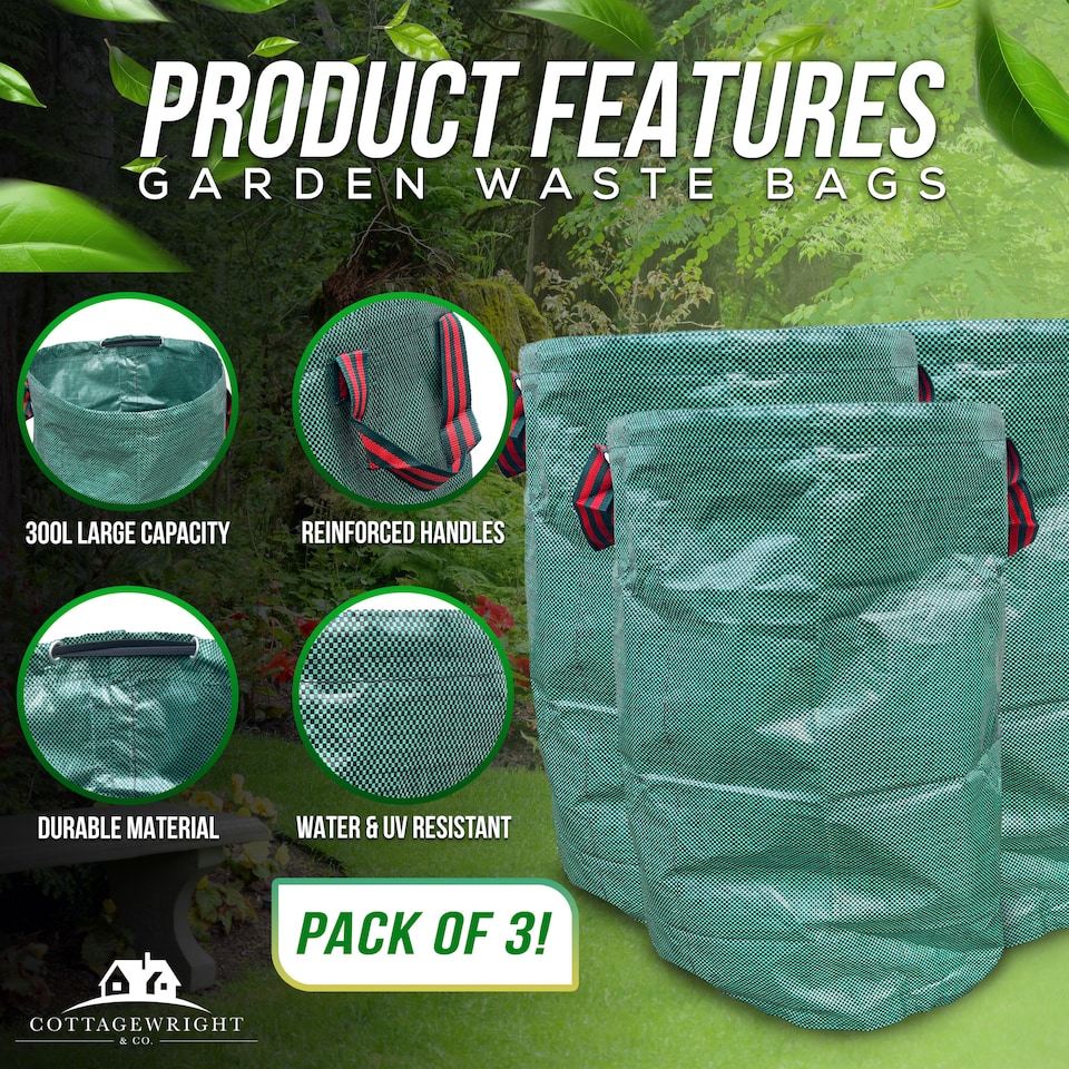 image 1 of Garden Bags Heavy Duty with Handles Reusable Garden Waste Bags for Plant, Grass, Dirt, Leaves Collection - Pack of 3