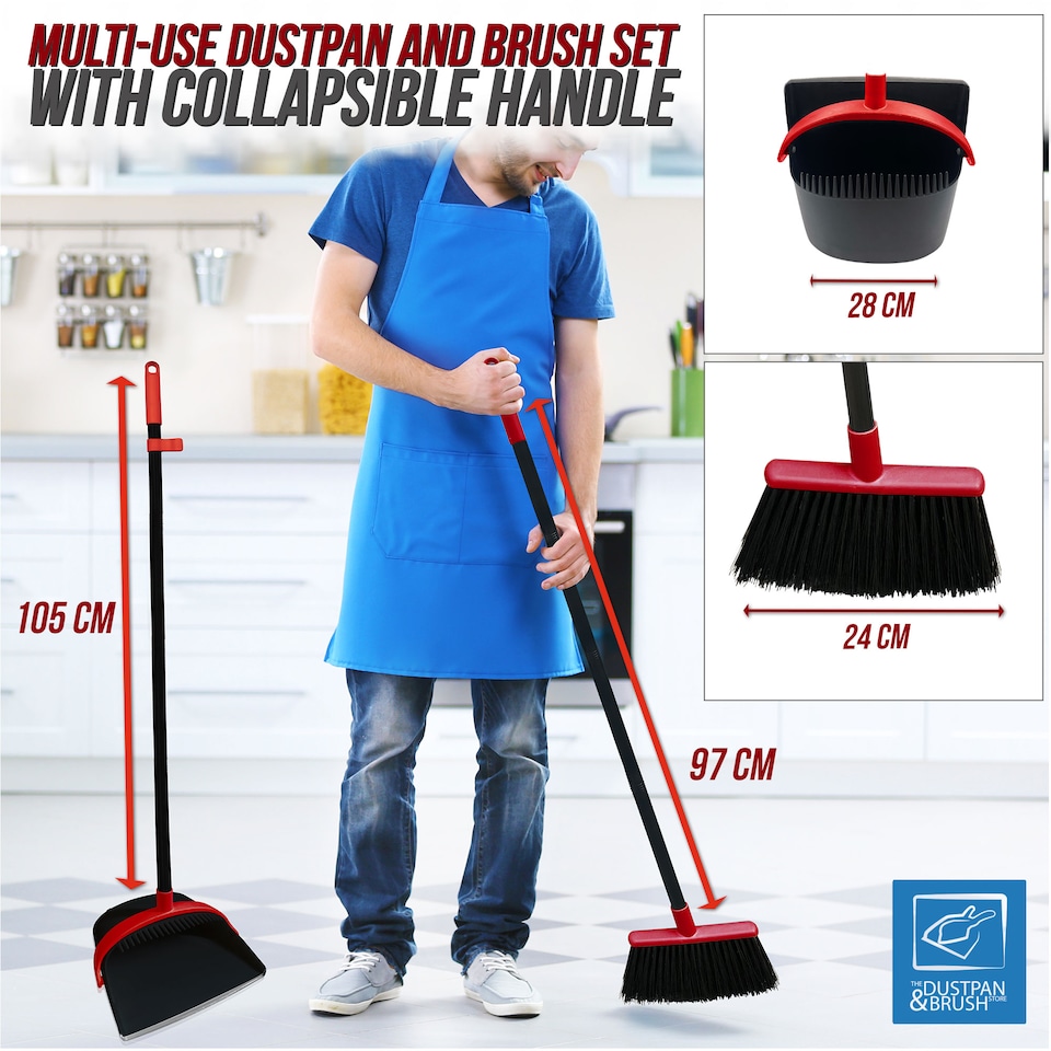 image 1 of Long Handled Dustpan and Brush Set Upright Sweeping Broom with Built-In Bristle Cleaner