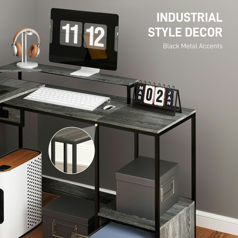 image 1 of HOMCOM L Shaped Desk, Computer Table with Liftable Desktop, Charcoal Grey Grey | Charcoal Grey