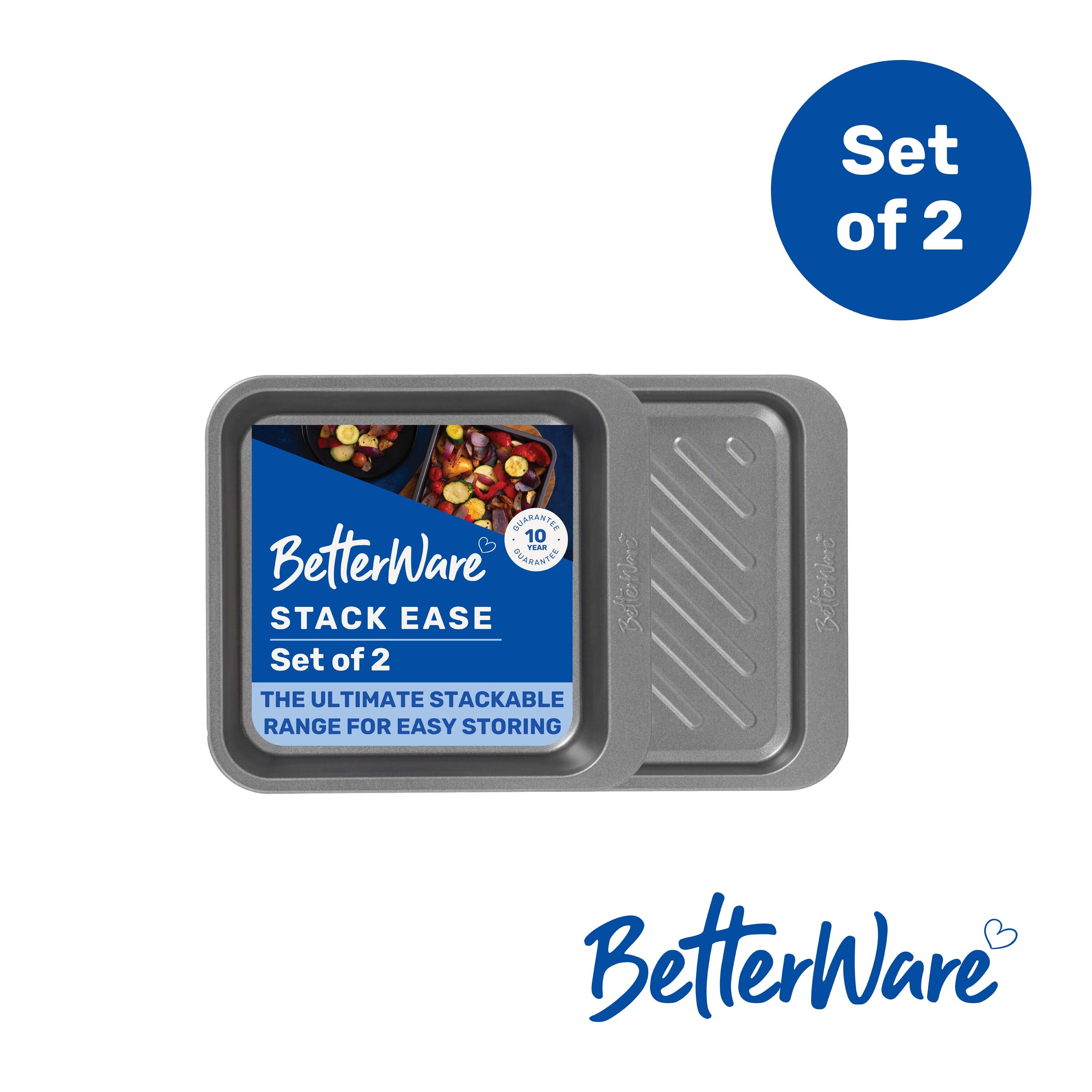 BetterWare Stack Ease 2 Piece Medium Roaster & Tray Set Inc. 1 x 24cm Roaster & 1 x 24cm Oven Tray Dishwasher & Freezer Safe Stackable & Nestable Desi