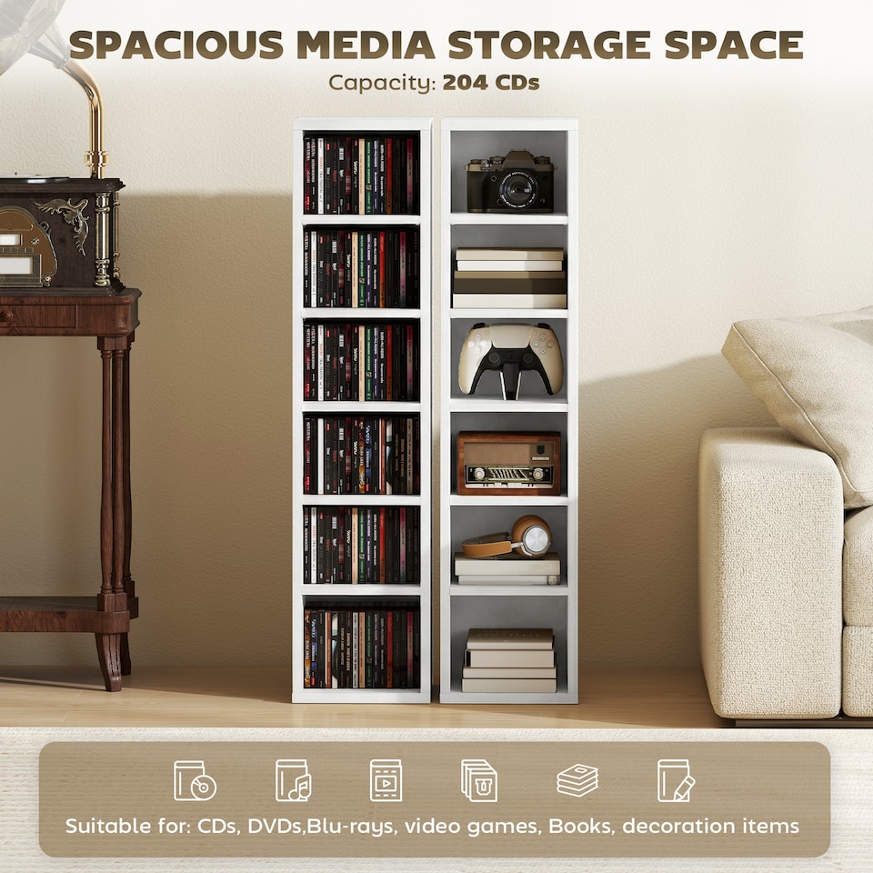 image 1 of HOMCOM Set of 2 CD Storage Units DVD Shelf with Adjustable Shelves | White | White | 21W x 22.5D x 88.5H cm